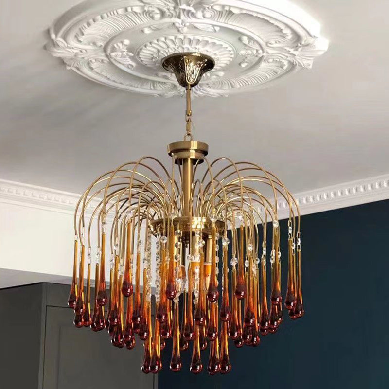 Traditional Vintage Branch Cylinder Tear Drop Copper Glass 3/4/6/12 Light Chandelier for Living Room