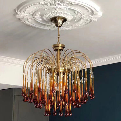 Traditional Vintage Branch Cylinder Tear Drop Copper Glass 3/4/6/12 Light Chandelier for Living Room