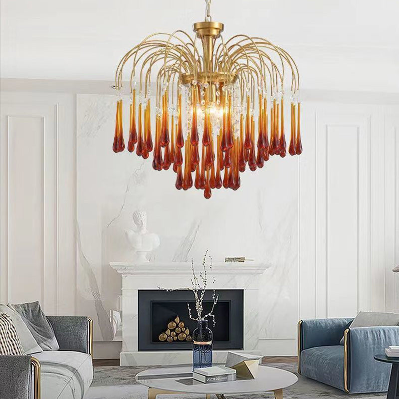 Traditional Vintage Branch Cylinder Tear Drop Copper Glass 3/4/6/12 Light Chandelier for Living Room