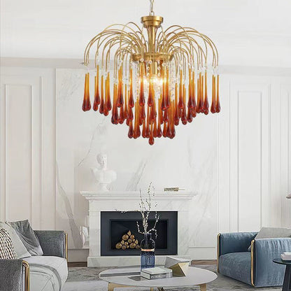 Traditional Vintage Branch Cylinder Tear Drop Copper Glass 3/4/6/12 Light Chandelier for Living Room