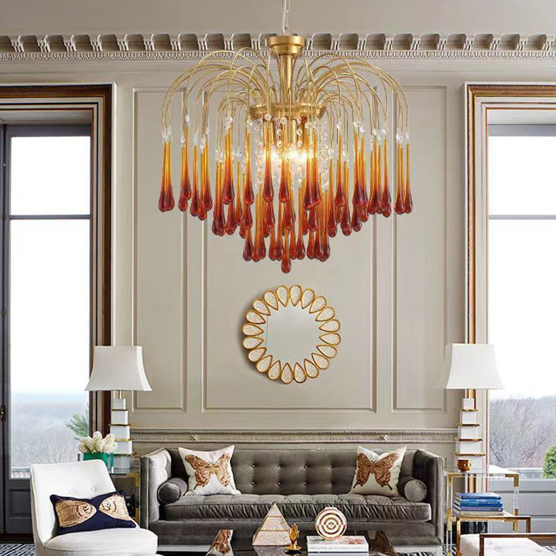 Traditional Vintage Branch Cylinder Tear Drop Copper Glass 3/4/6/12 Light Chandelier for Living Room BulbSquare