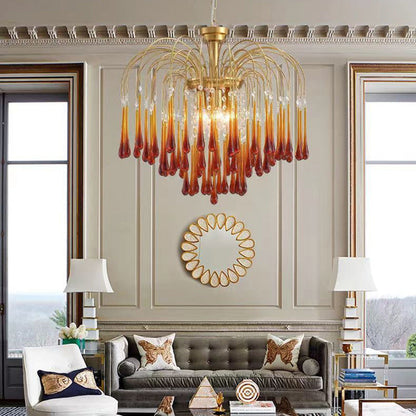 Traditional Vintage Branch Cylinder Tear Drop Copper Glass 3/4/6/12 Light Chandelier for Living Room