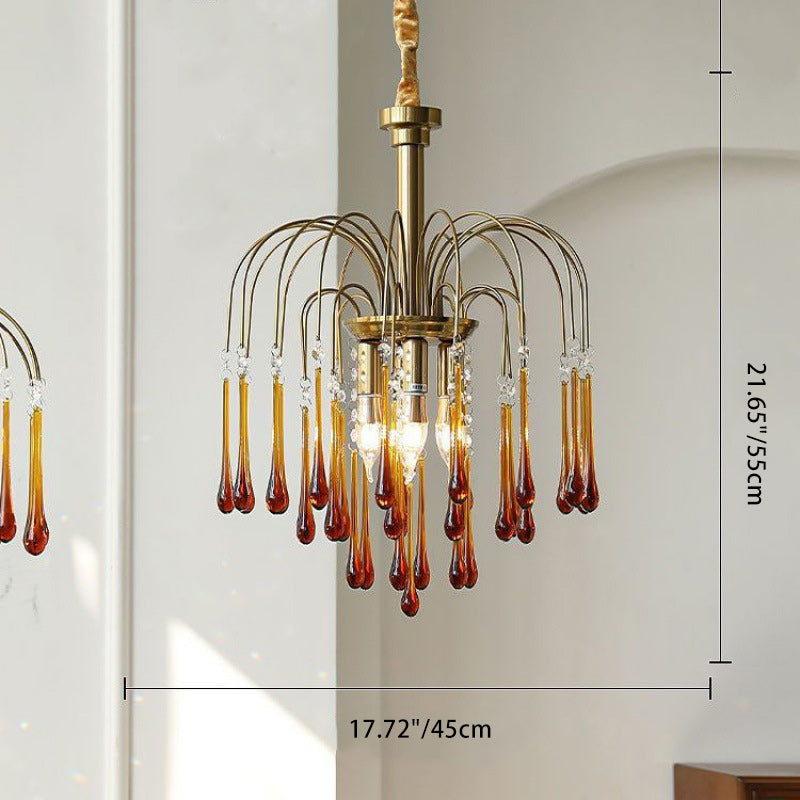 Traditional Vintage Branch Cylinder Tear Drop Copper Glass 3/4/6/12 Light Chandelier for Living Room