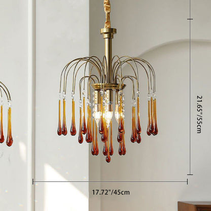 Traditional Vintage Branch Cylinder Tear Drop Copper Glass 3/4/6/12 Light Chandelier for Living Room