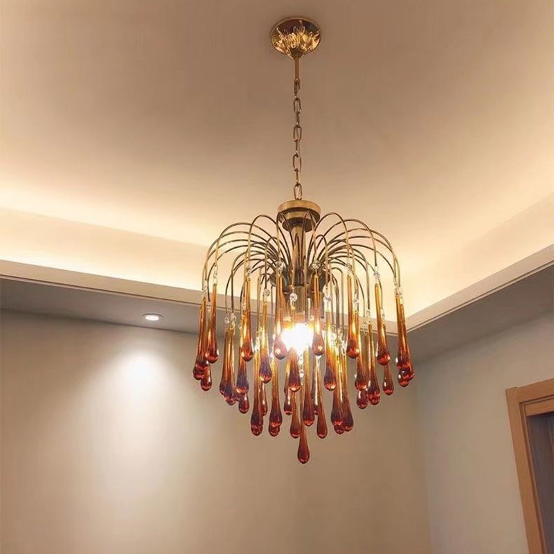 Traditional Vintage Branch Cylinder Tear Drop Copper Glass 3/4/6/12 Light Chandelier for Living Room