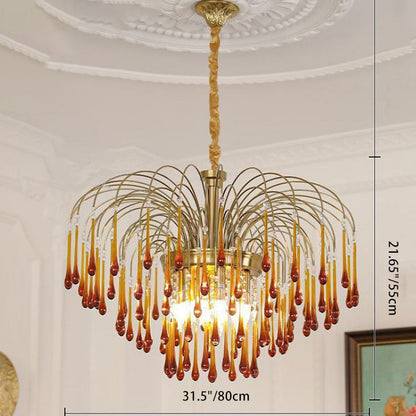 Traditional Vintage Branch Cylinder Tear Drop Copper Glass 3/4/6/12 Light Chandelier for Living Room