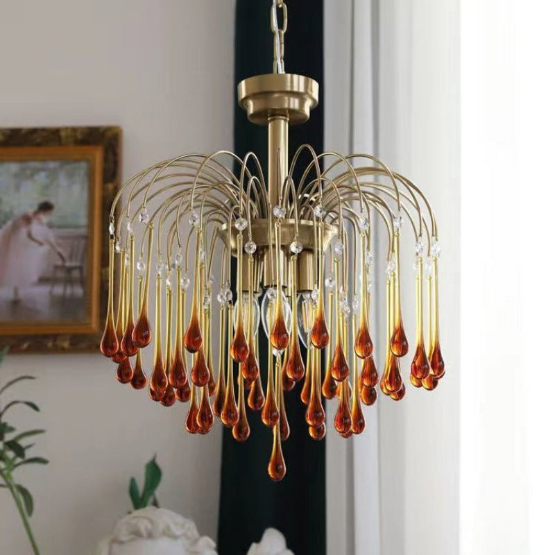 Traditional Vintage Branch Cylinder Tear Drop Copper Glass 3/4/6/12 Light Chandelier for Living Room