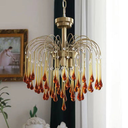 Traditional Vintage Branch Cylinder Tear Drop Copper Glass 3/4/6/12 Light Chandelier for Living Room