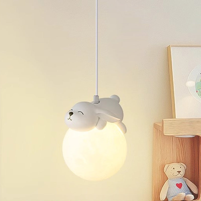 Modern Minimalist Cartoon Kids Moon Cute Animal Bear Rabbit Dog Elephant Sheep Resin Hardware PE 1-Light Pendant Light For Bedroom