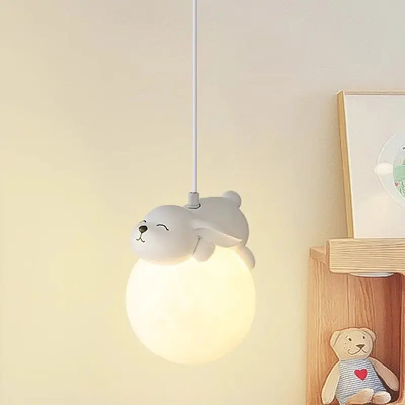 Modern Minimalist Cartoon Kids Moon Cute Animal Bear Rabbit Dog Elephant Sheep Resin Metal Pe 1-light Pendant Light for Bedroom Lumendat