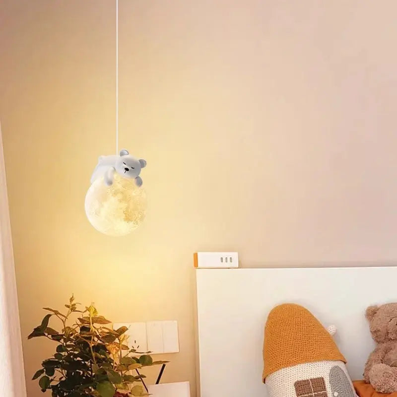 Modern Minimalist Cartoon Kids Moon Cute Animal Bear Rabbit Dog Elephant Sheep Resin Metal Pe 1-light Pendant Light for Bedroom Lumendat