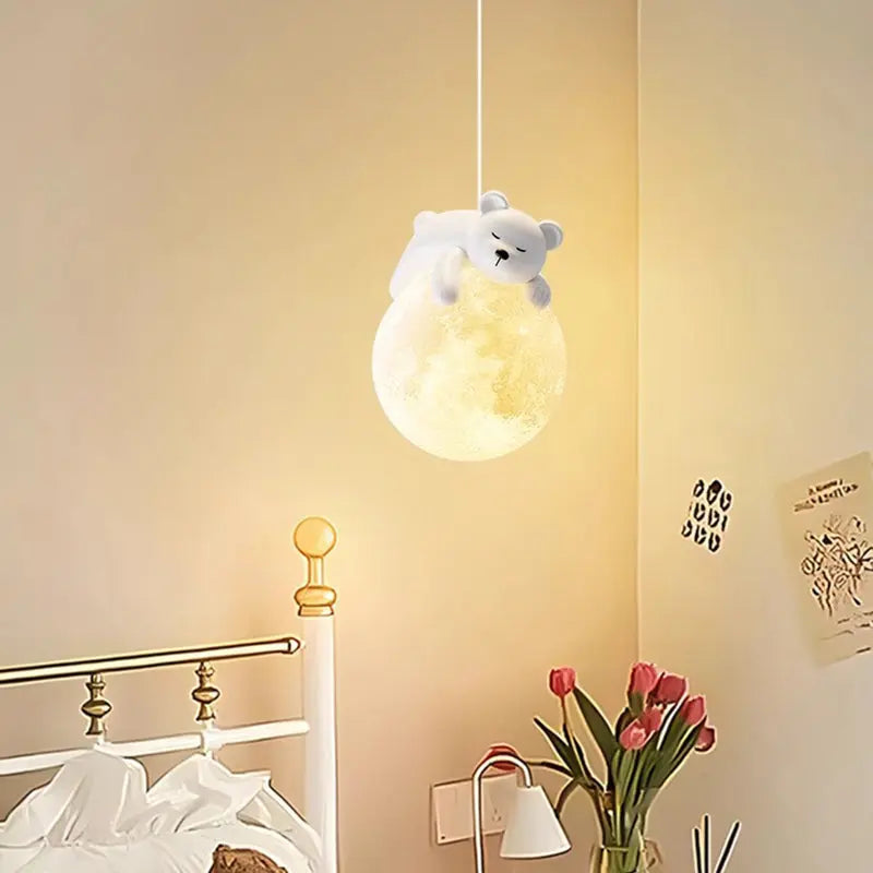Modern Minimalist Cartoon Kids Moon Cute Animal Bear Rabbit Dog Elephant Sheep Resin Metal Pe 1-light Pendant Light for Bedro
