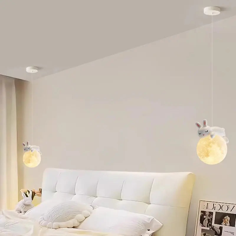 Modern Minimalist Cartoon Kids Moon Cute Animal Bear Rabbit Dog Elephant Sheep Resin Metal Pe 1-light Pendant Light for Bedroom Lumendat