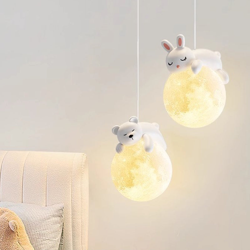 Modern Minimalist Cartoon Kids Moon Cute Animal Bear Rabbit Dog Elephant Sheep Resin Hardware PE 1-Light Pendant Light For Bedroom
