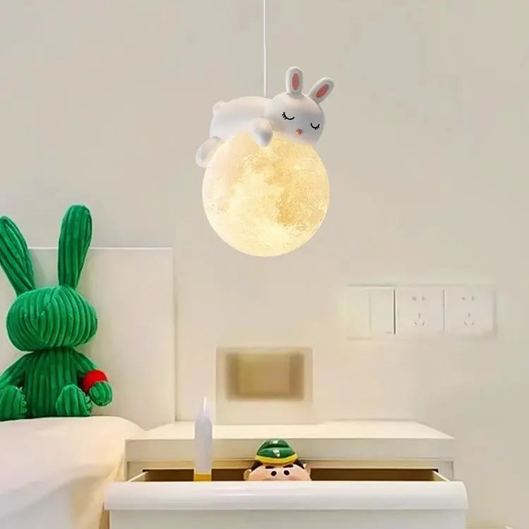 Modern Minimalist Cartoon Kids Moon Cute Animal Bear Rabbit Dog Elephant Sheep Resin Metal Pe 1-light Pendant Light for Bedroom Lumendat