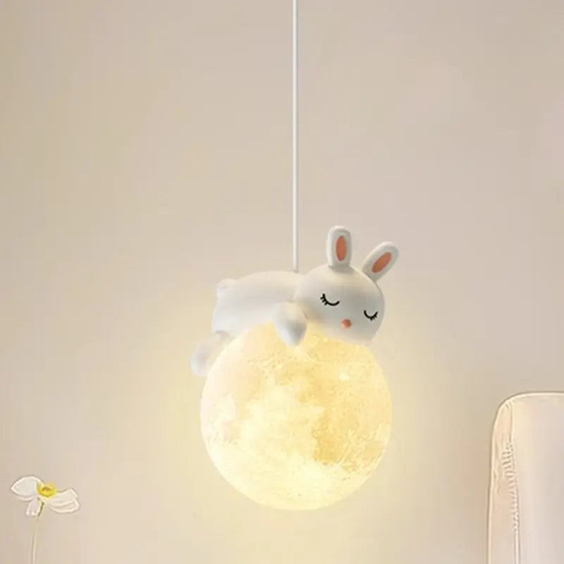 Modern Minimalist Cartoon Kids Moon Cute Animal Bear Rabbit Dog Elephant Sheep Resin Metal Pe 1-light Pendant Light for Bedroom Lumendat