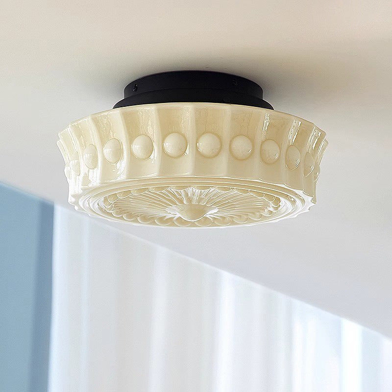 Traditional Vintage Round Floral Orb Disc Base Hardware Glass 3-Light Semi-Flush Mount Ceiling Light For Bedroom