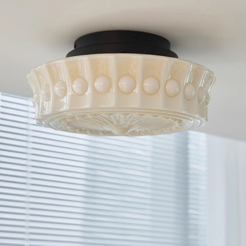 Traditional Vintage Round Floral Orb Disc Base Hardware Glass 3-Light Semi-Flush Mount Ceiling Light For Bedroom