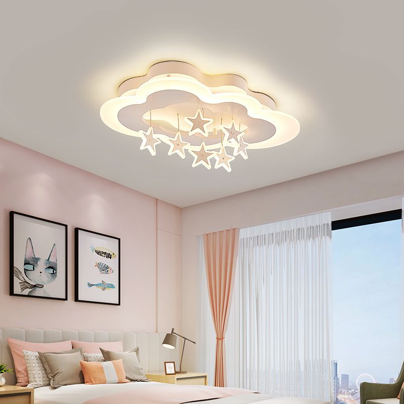 Contemporary Scandinavian Warm Kids Clouds Stars Iron Acrylic LED Flush Mount Ceiling Light for Bedroom