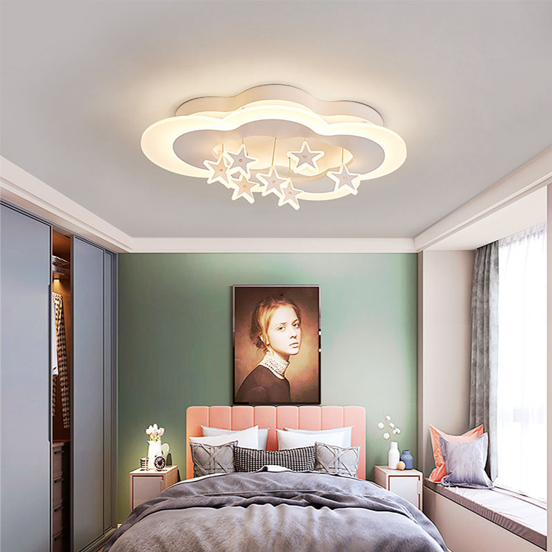 Contemporary Scandinavian Warm Kids Clouds Stars Iron Acrylic LED Flush Mount Ceiling Light for Bedroom