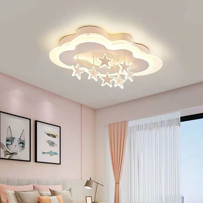 Contemporary Scandinavian Warm Kids Clouds Stars Iron Acrylic LED Flush Mount Ceiling Light for Bedroom