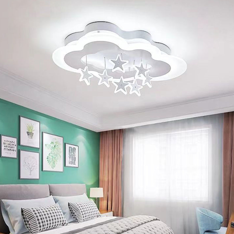 Contemporary Scandinavian Warm Kids Clouds Stars Iron Acrylic LED Flush Mount Ceiling Light for Bedroom