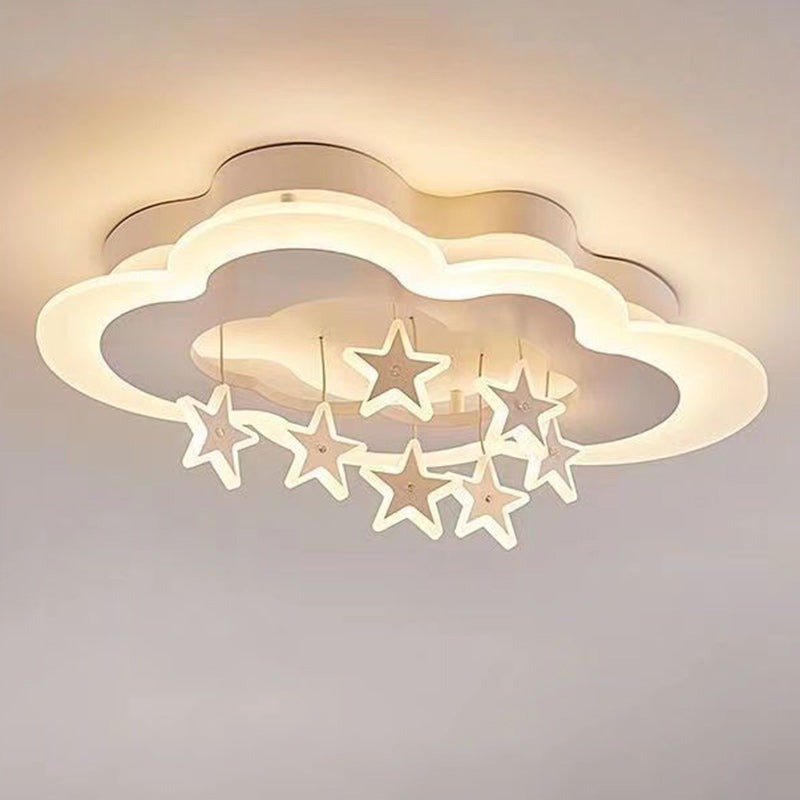 Contemporary Scandinavian Warm Kids Clouds Stars Iron Acrylic LED Flush Mount Ceiling Light for Bedroom