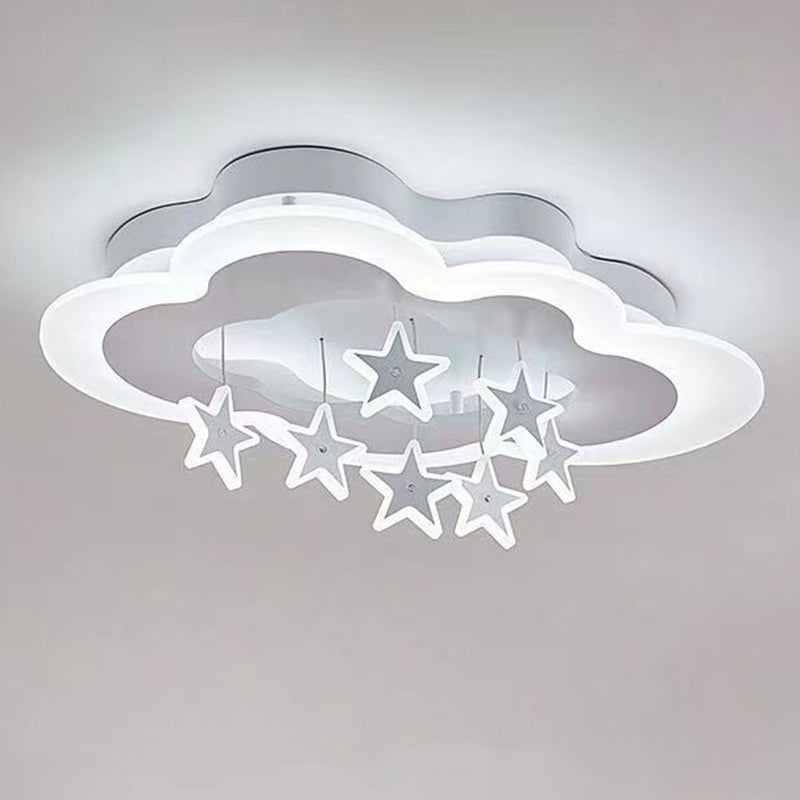 Contemporary Scandinavian Warm Kids Clouds Stars Iron Acrylic LED Flush Mount Ceiling Light for Bedroom