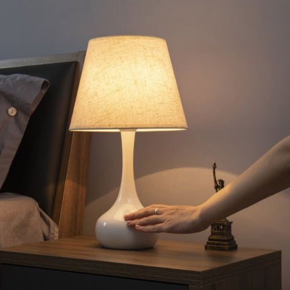 Contemporary Scandinavian Round Table Cylinder Teardrop Base Iron Fabric 1-Light Table Lamp For Bedroom Lumendat