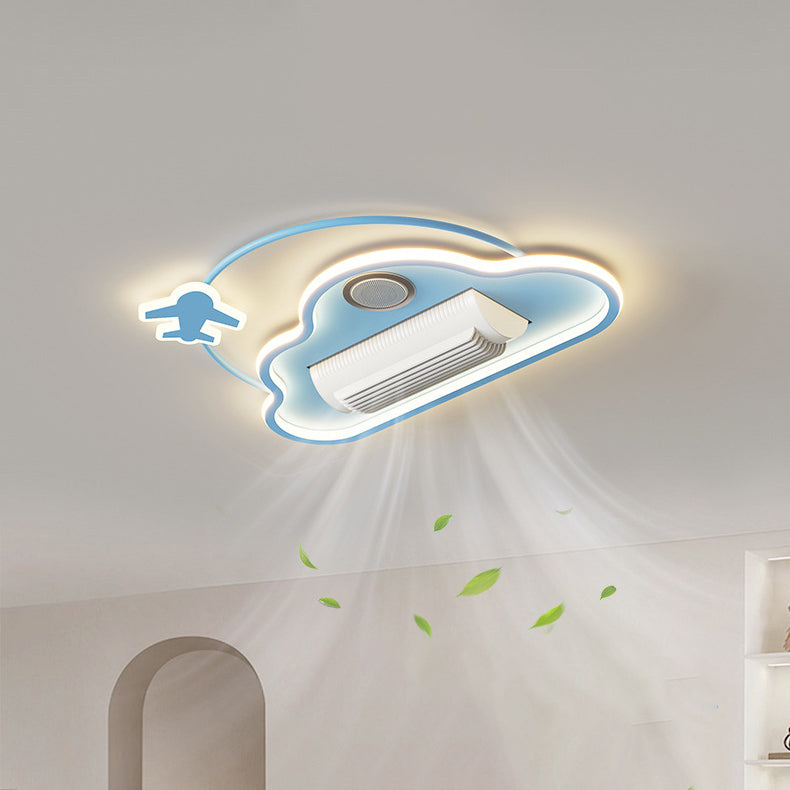 Lumendat Contemporary Creative Cartoon Kids Airplane Clouds Aluminum Iron Acrylic LED Flush Mount Ceiling Fan Light For Bedroom Lumendat
