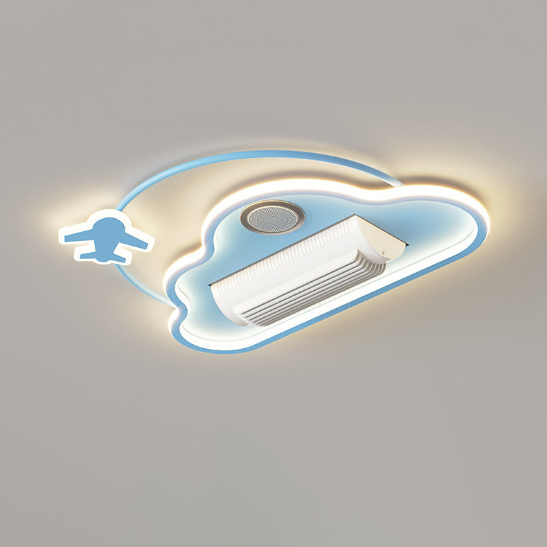 Lumendat Contemporary Creative Cartoon Kids Airplane Clouds Aluminum Iron Acrylic LED Flush Mount Ceiling Fan Light For Bedroom Lumendat