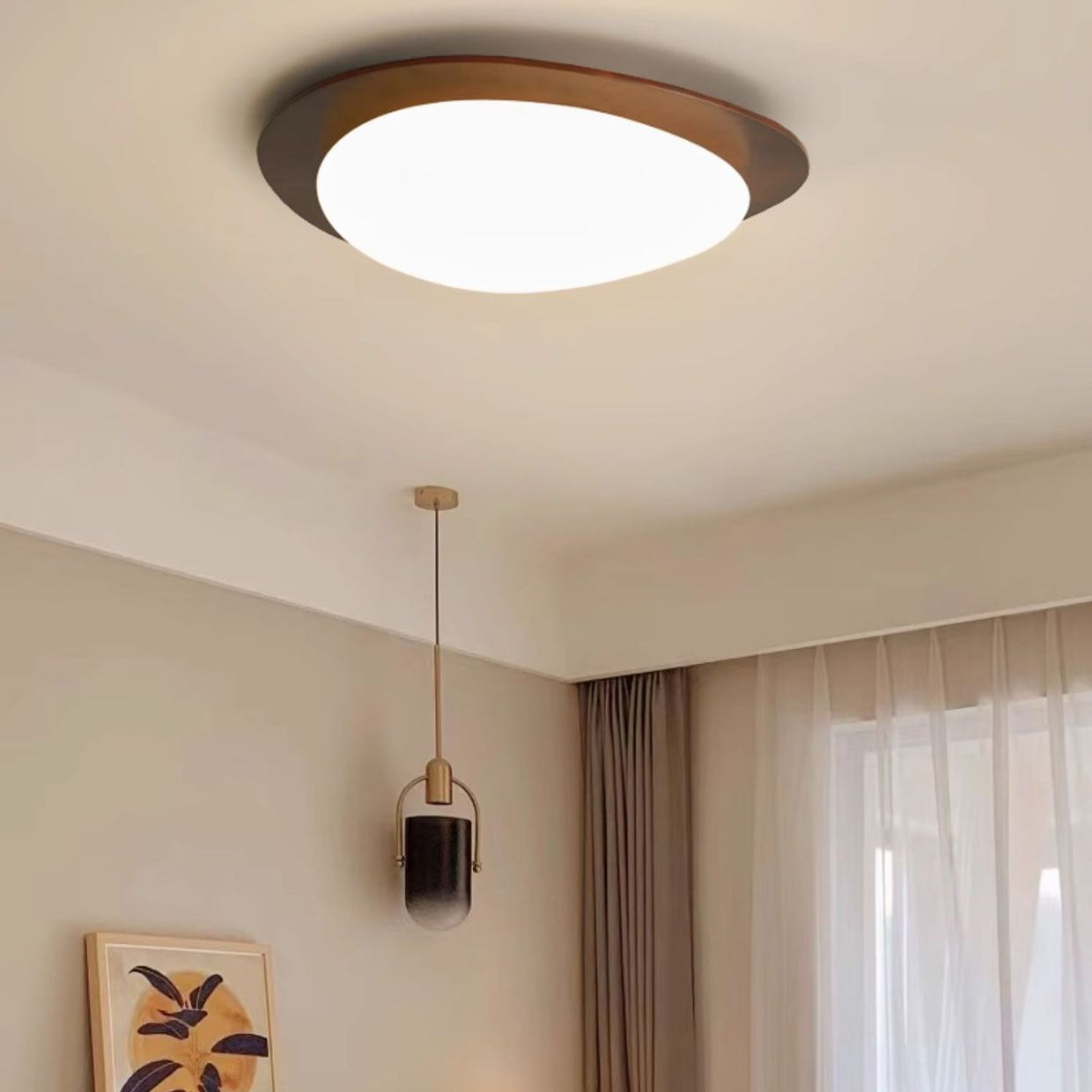 Traditional French Pebble Oval Solid Wood Acrylic LED Flush Mount Ceiling Light For Living Room