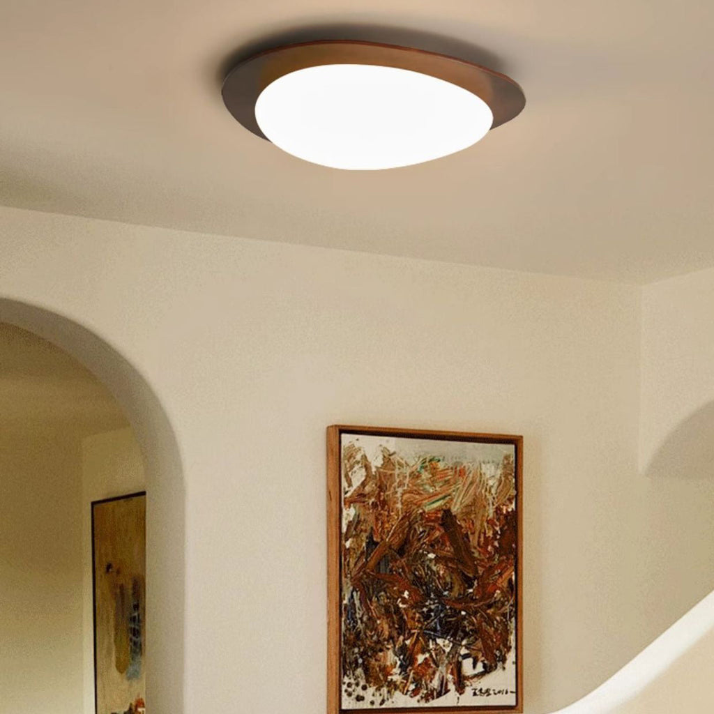 Traditional French Pebble Oval Solid Wood Acrylic LED Flush Mount Ceiling Light For Living Room