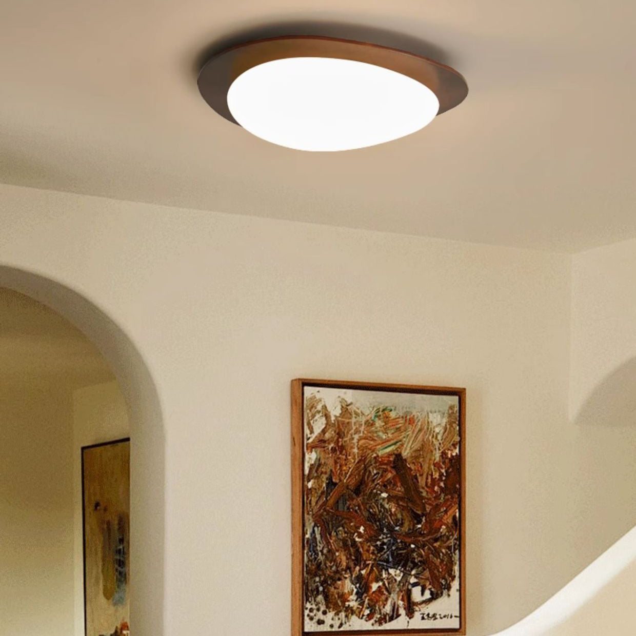 Traditional French Pebble Oval Solid Wood Acrylic LED Flush Mount Ceiling Light For Living Room