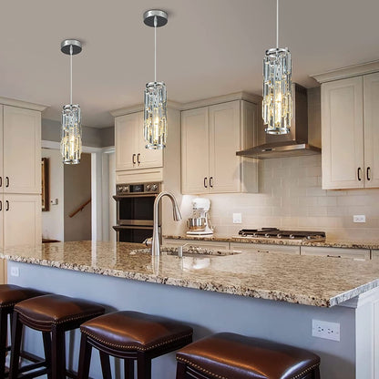 Contemporary Industrial Style Cylinder Long Tube Rectangle Disc Base Iron Crystal 1-light Pendant Light for Living Room