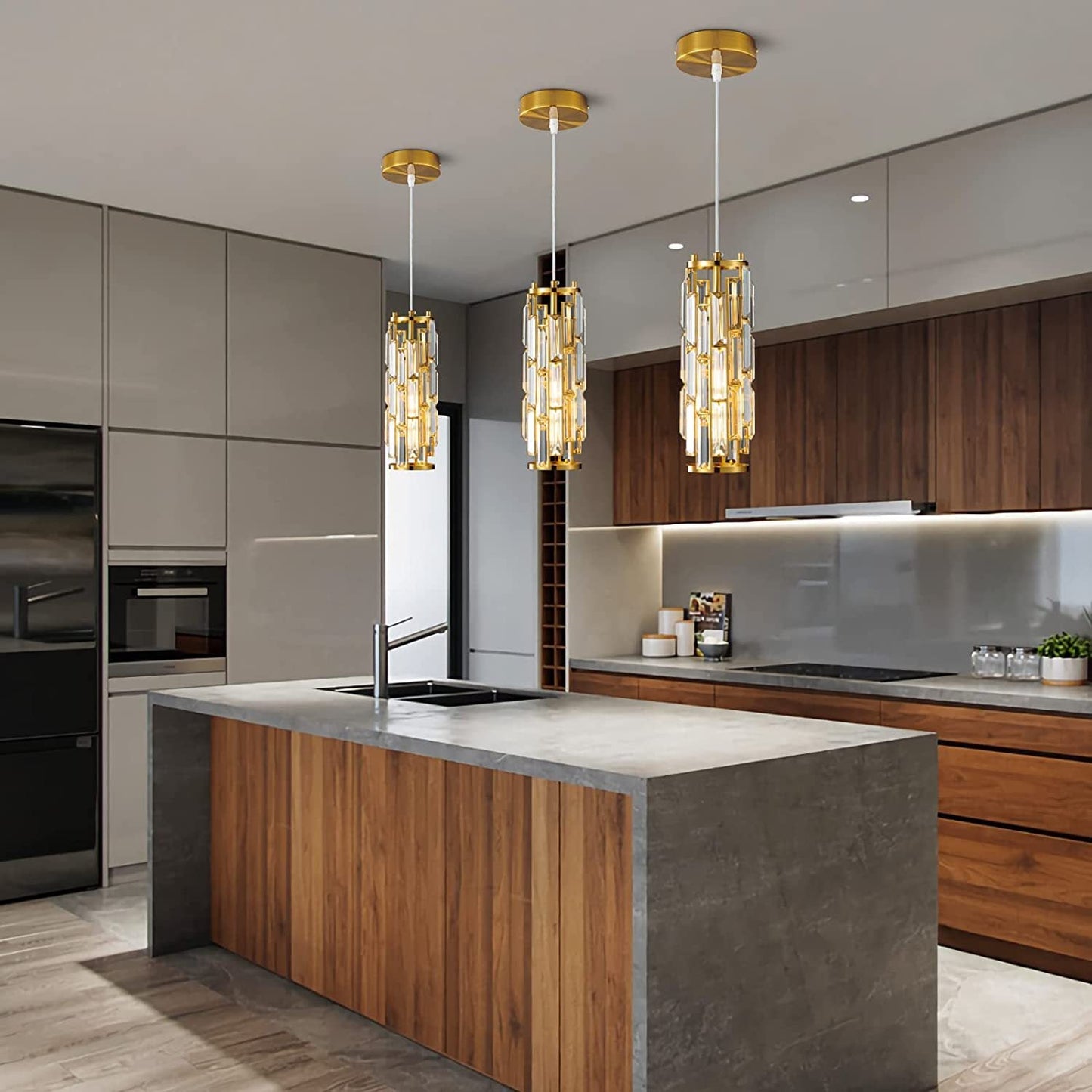 Contemporary Industrial Style Cylinder Long Tube Rectangle Disc Base Iron Crystal 1-light Pendant Light for Living Room