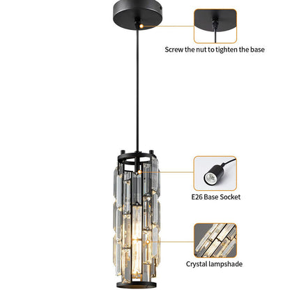 Contemporary Industrial Style Cylinder Long Tube Rectangle Disc Base Iron Crystal 1-light Pendant Light for Living Room
