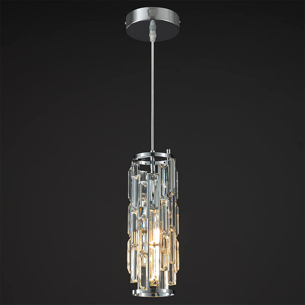 Contemporary Industrial Style Cylinder Long Tube Rectangle Disc Base Iron Crystal 1-light Pendant Light for Living Room