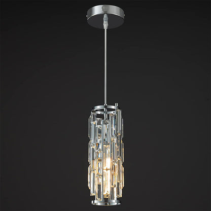 Contemporary Industrial Style Cylinder Long Tube Rectangle Disc Base Iron Crystal 1-light Pendant Light for Living Room