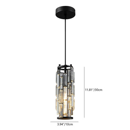 Contemporary Industrial Style Cylinder Long Tube Rectangle Disc Base Iron Crystal 1-light Pendant Light for Living Room