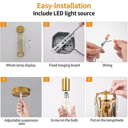 Contemporary Industrial Style Cylinder Long Tube Rectangle Disc Base Iron Crystal 1-light Pendant Light for Living Room