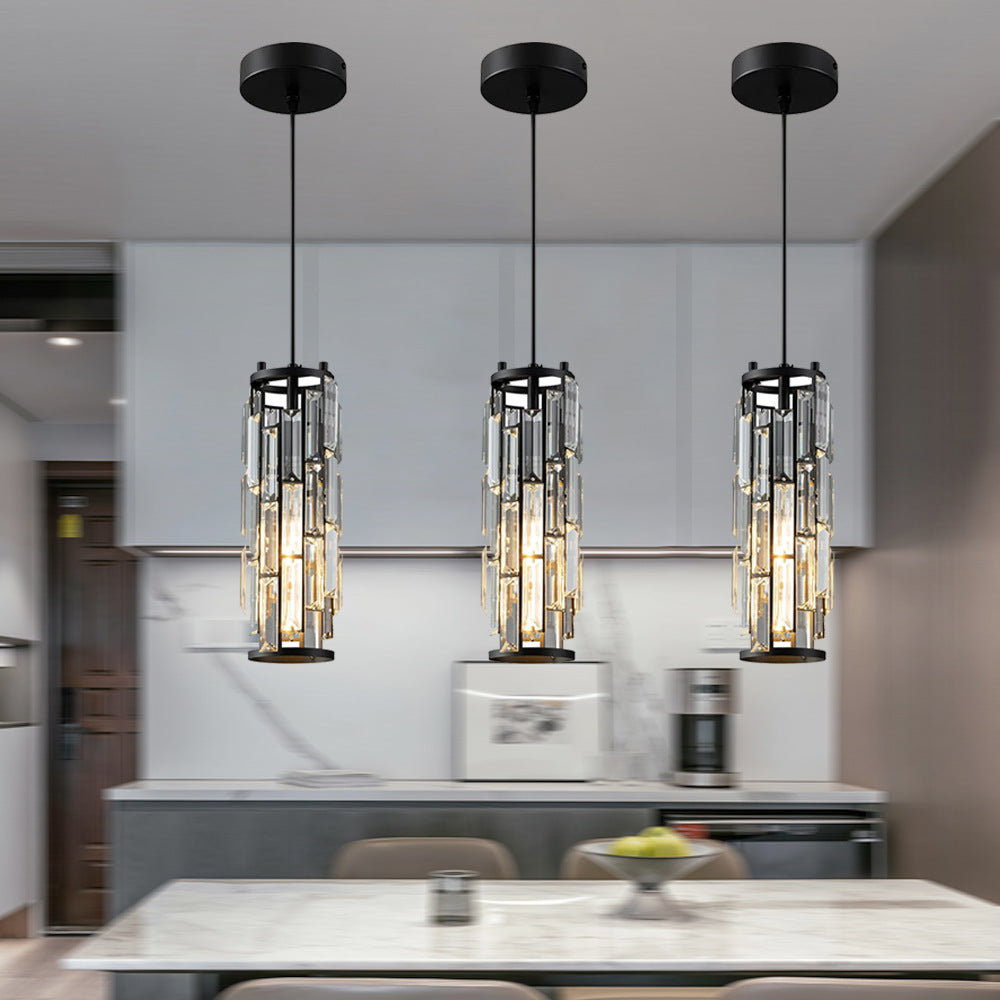 Contemporary Industrial Style Cylinder Long Tube Rectangle Disc Base Iron Crystal 1-light Pendant Light for Living Room