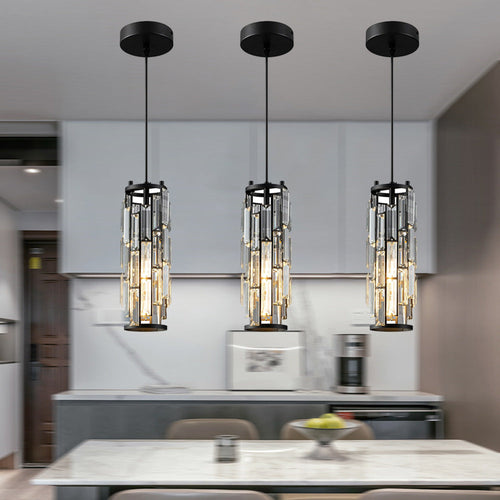 Contemporary Industrial Style Cylinder Long Tube Rectangle Disc Base Iron Crystal 1-light Pendant Light for Living Room