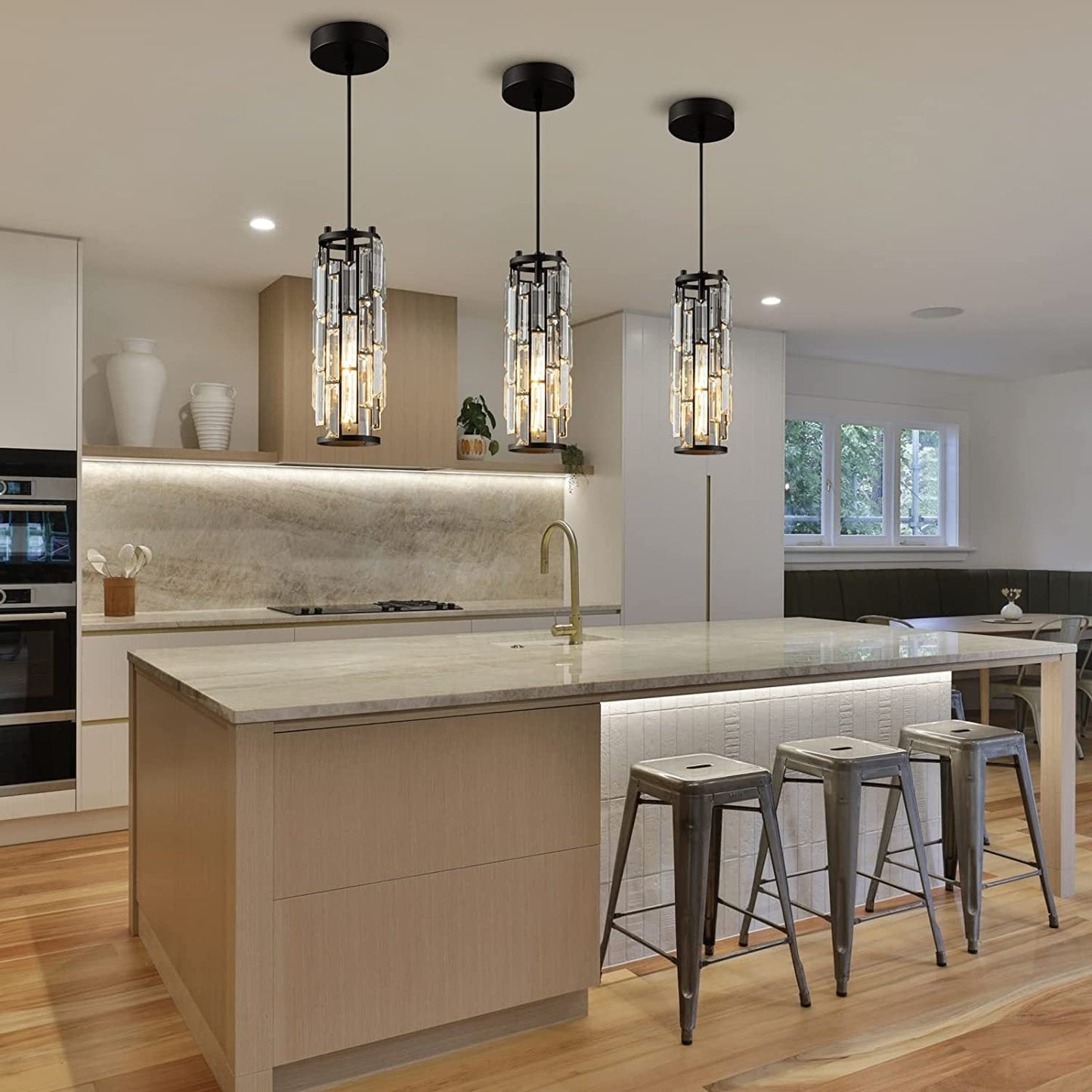 Contemporary Industrial Style Cylinder Long Tube Rectangle Disc Base Iron Crystal 1-light Pendant Light for Living Room