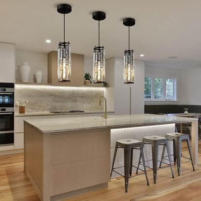 Contemporary Industrial Style Cylinder Long Tube Rectangle Disc Base Iron Crystal 1-light Pendant Light for Living Room