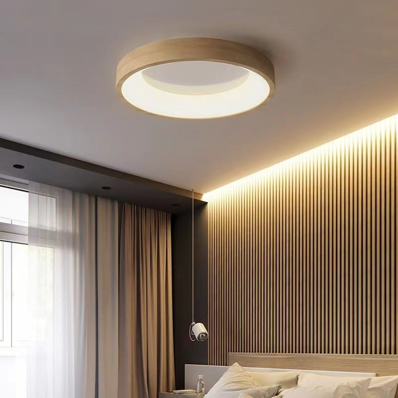 Contemporary Scandinavian Circle Wood Grain Wood Acrylic LED Flush Mount Ceiling Light for Living Room