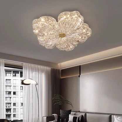 Modern Luxury Warm Flower Full Copper Resin Gold Foil LED Flush Mount Ceiling Light for Living Room
