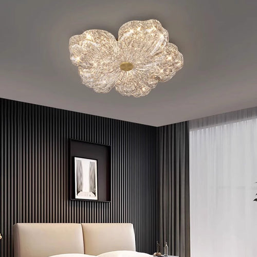 Modern Luxury Warm Flower Full Copper Resin Gold Foil LED Flush Mount Ceiling Light for Living Room
