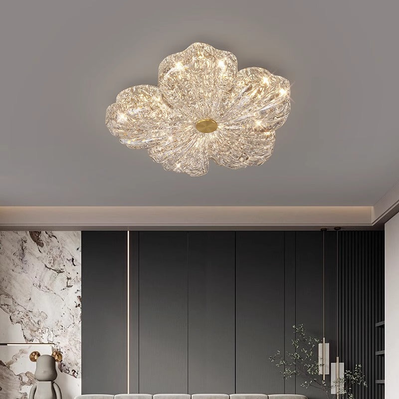 Modern Luxury Warm Flower Full Copper Resin Gold Foil LED Flush Mount Ceiling Light for Living Room