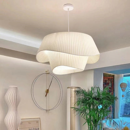 Contemporary Scandinavian Round Table Double Layer Wave Base Iron Fabric Acrylic 4-Light Pendant Light For Living Room